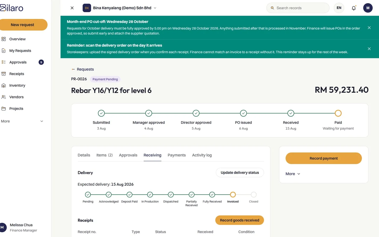 Bilaro purchase request for rebar showing the approval steps from submitted to paid, and the delivery and receipt record