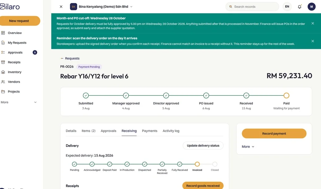 Bilaro procurement request showing the approval workflow and a grand total of RM 75,600.00
