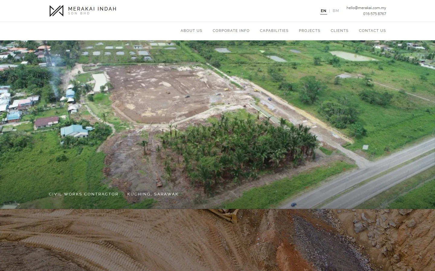Merakai Indah website homepage with an aerial photo of an earthworks site
